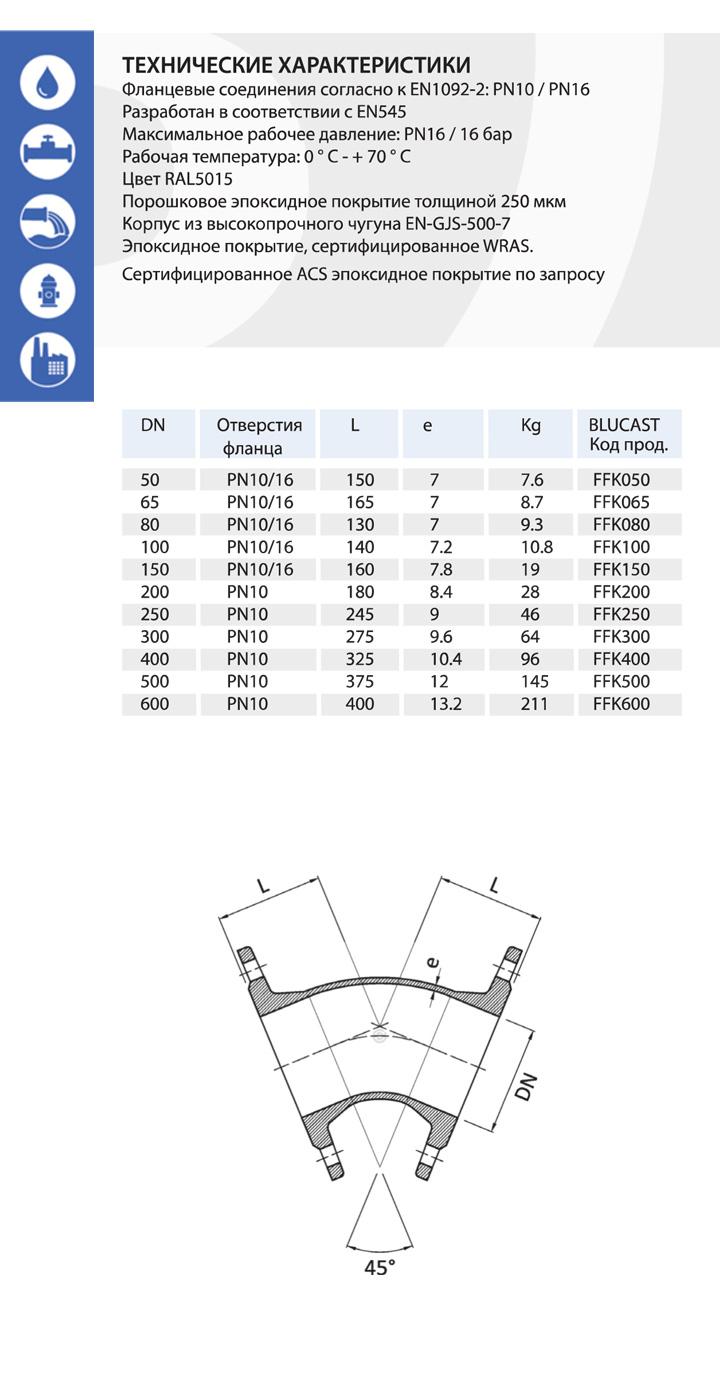 Техническая спецификация: Колено 45° фланцевое чугунное Blucast серии FFK