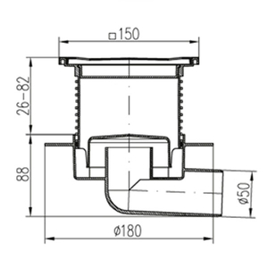 Трап с гидрозатвором MCH 445L DN50 150х150мм
