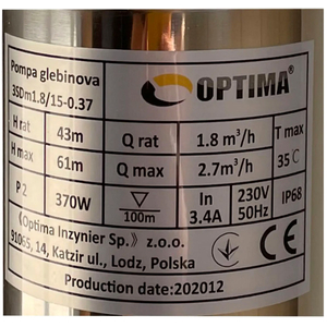 Скважинный насос 3" OPTIMA 3SDm1.8/15, 0.37 кВт, 61 м, пульт, кабель 30 м (000014120)