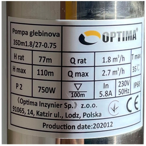 Скважинный насос 3" OPTIMA 3SDm1.8/27, 0.75 кВт, 110 м, пульт, кабель 15 м (000014123)