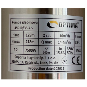 Скважинный насос OPTIMA 4SD 10/36, 7.5 кВт, 218 м, 3-х фазный (000019148)