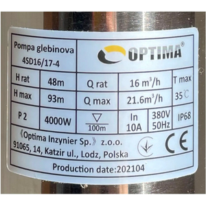 Скважинный насос OPTIMA 4SD 16/17, 4.0 кВт, 93 м, 3-х фазный (000020907)