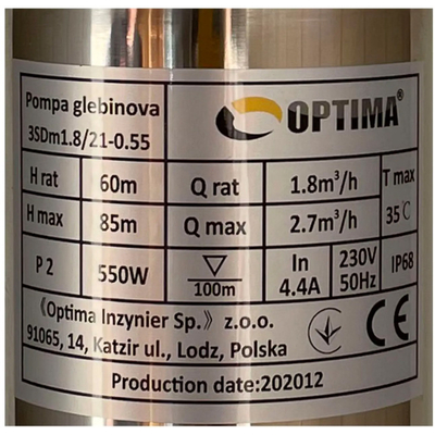 Скважинный насос 3" OPTIMA 3SDm1.8/21, 0.55 кВт, 85 м, пульт, кабель 60 м (000014122)