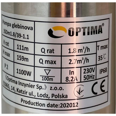 Скважинный насос 3" OPTIMA 3SDm1.8/39, 1.1 кВт, 159 м, пульт, кабель 1.5 м (000021402)