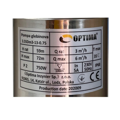 Скважинный насос OPTIMA 3.5SDm3/13, 0.75 кВт, 72 м, пульт, кабель 1,5 м (000021128)