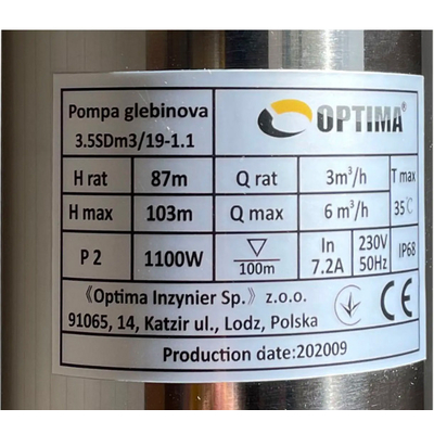 Скважинный насос OPTIMA 3.5SDm3/19, 1.1 кВт, 103 м, пульт, кабель 1,5 м (000021130)