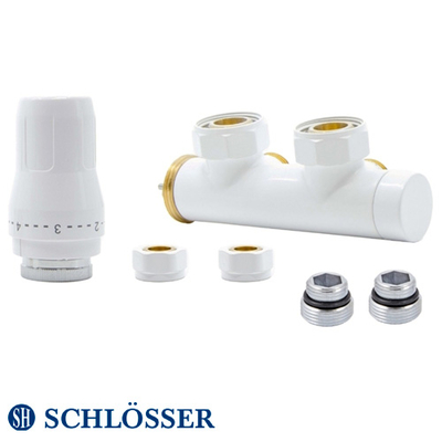 Комплект термостатический Schlösser Duo-Plex 3/4x15мм Cu, угловой левый, +2 шт. нипель, белый (HB02KLC-R9016)