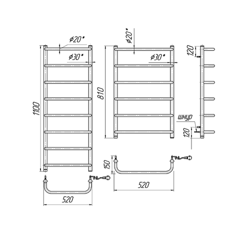 Электрический полотенцесушитель Mario Стандарт НР-І 1090х530 | слева
