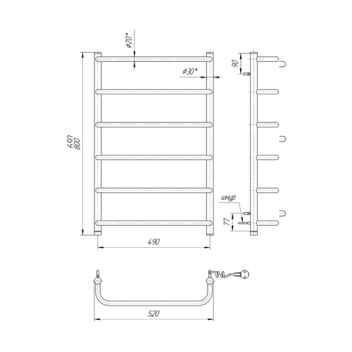 Електрична рушникосушарка Mario Стандарт НР-І 800х530 | зліва