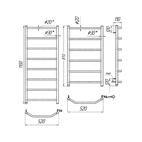 Електрична рушникосушарка Mario Трапеція НР-І 1090х530 | зліва