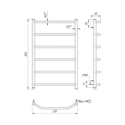 Електрична рушникосушарка Mario Трапеція НР-І 800х530 | зліва