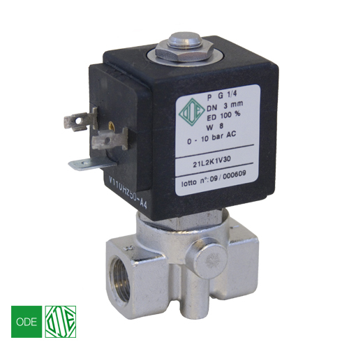 Электромагнитный клапан ODE 21L2K1T25 NC 1/4", ΔPmin/max=0/14 бар, kv=3.2, PTFE (-40...+180°С)
