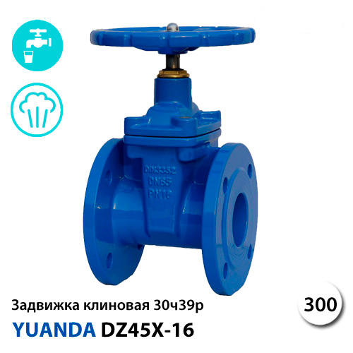 Задвижка чугунная с обрезиненным клином 30ч39р ДУ 300 Ру16 Yuanda DZ45X-16