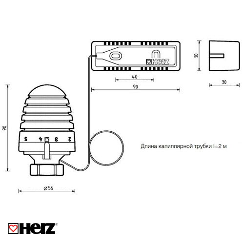 Термоголовка HERZ DESIGN М28х1,5 с выносным датчиком, капилляр 2000мм (1946006)