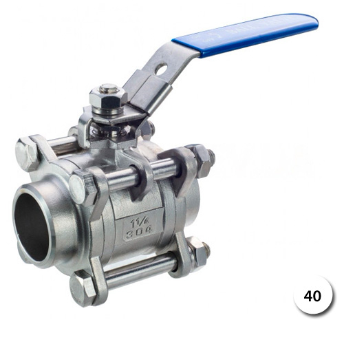 Кран шаровый нержавеющий приварной Ду 40 Ру 63 AISI304 трехсоставной