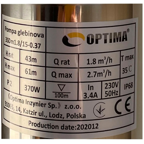 Свердловинний насос 3" OPTIMA 3SDm1.8/15, 0.37 кВт, 61 м, пульт, кабель 35 м (000021398)