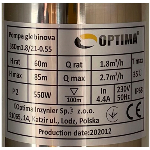 Скважинный насос 3" OPTIMA 3SDm1.8/21, 0.55 кВт, 85 м, пульт, кабель 45 м (000021400)