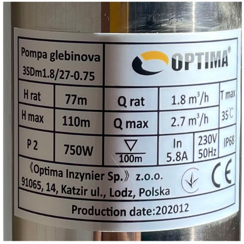 Скважинный насос 3" OPTIMA 3SDm1.8/27, 0.75 кВт, 110 м, пульт, кабель 15 м (000014123)