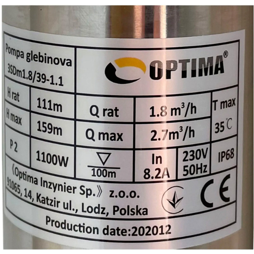Скважинный насос 3" OPTIMA 3SDm1.8/39, 1.1 кВт, 159 м, пульт, кабель 1.5 м (000021402)
