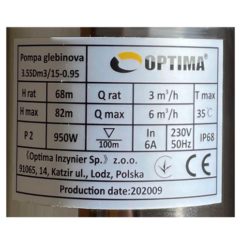 Свердловинний насос OPTIMA 3.5SDm3/15, 0.95 кВт, 82 м, пульт, кабель 1,5 м (000021129)
