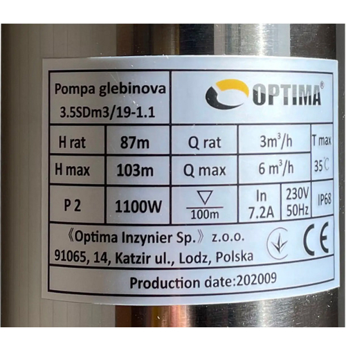 Свердловинний насос OPTIMA 3.5SDm3/19, 1.1 кВт, 103 м, пульт, кабель 1,5 м (000021130)