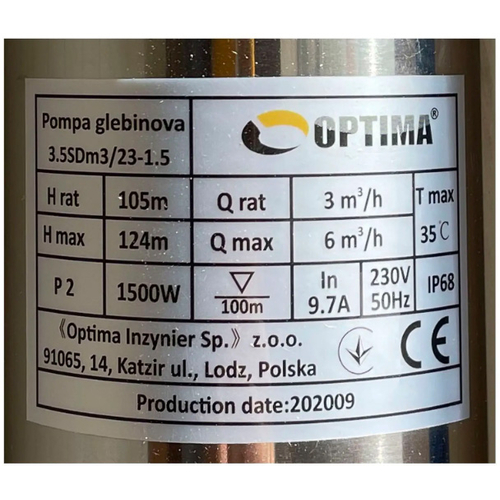 Свердловинний насос OPTIMA 3.5SDm3/23, 1.5 кВт, 124 м, пульт, кабель 1,5 м (000021131)