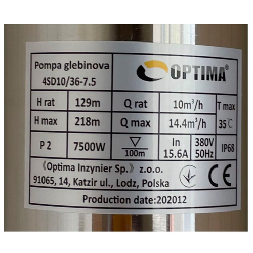 Свердловинний насос OPTIMA 4SD 10/36, 7.5 кВт, 218 м, 3-х фазний (000019148)