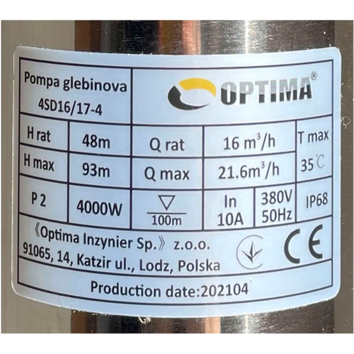 Свердловинний насос OPTIMA 4SD 16/17, 4.0 кВт, 93 м, 3-х фазний (000020907)