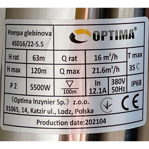 Свердловинний насос OPTIMA 4SD 16/22, 5.5 кВт, 120 м, 3-х фазний (000020908)