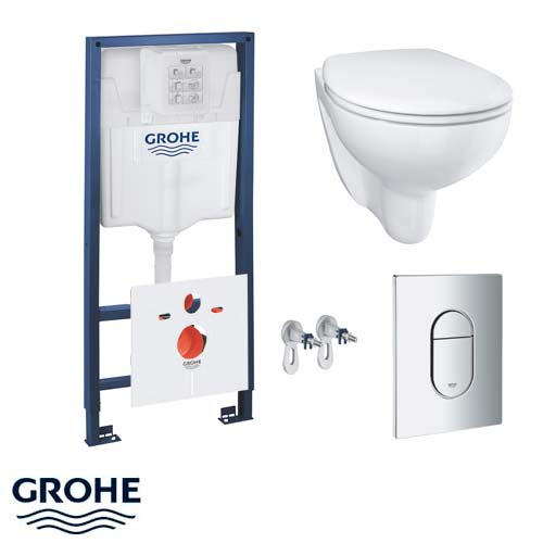 Комплект 5 в 1 Grohe Solido: инсталляция Rapid SL, кнопка Arena Cosmopolitan хром, унитаз Bau Ceramic с сиденьем (39418000)
