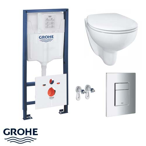 Комплект 5 в 1 Grohe Solido: инсталляция Rapid SL, кнопка Skate Cosmopolitan хром, унитаз Bau Ceramic с сиденьем (39586000)