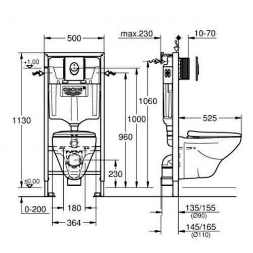 Комплект 4 в 1 Grohe: инсталляция Rapid SL, кнопка Skate Air хром, унитаз Bau Ceramic с сиденьем (36502000)