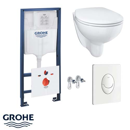 Комплект 5 в 1 Grohe Solido: инсталляция Rapid SL, кнопка Skate Air белая, унитаз Bau Ceramic с сиденьем (39116000)