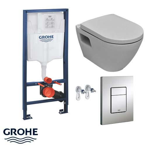 Комплект 4 в 1 Grohe Solido Perfect: инсталляция Rapid SL, кнопка Skate Cosmopolitan хром, подвесной унитаз с сиденьем slow-closing (39186000)