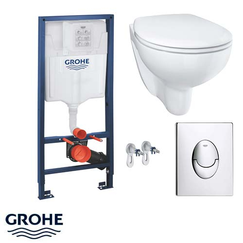 Комплект 4 в 1 Grohe: инсталляция Rapid SL, кнопка Skate Air хром, унитаз Bau Ceramic с сиденьем (36502000)