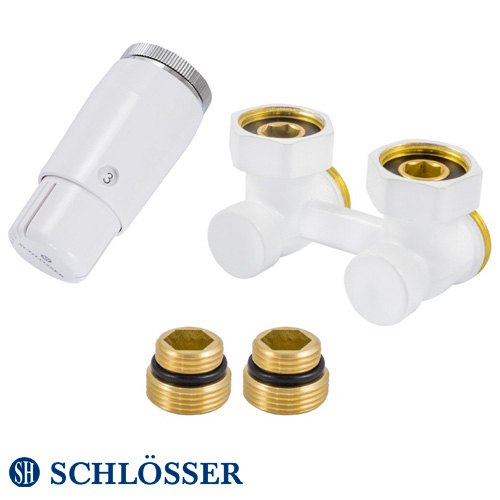 Комплект радиаторный Schlösser Standard Mini 3/4"x3/4" угловой, +2 шт. ниппель 1/2"х3/4", термоголовка Mini M30x1.5 (600800056)