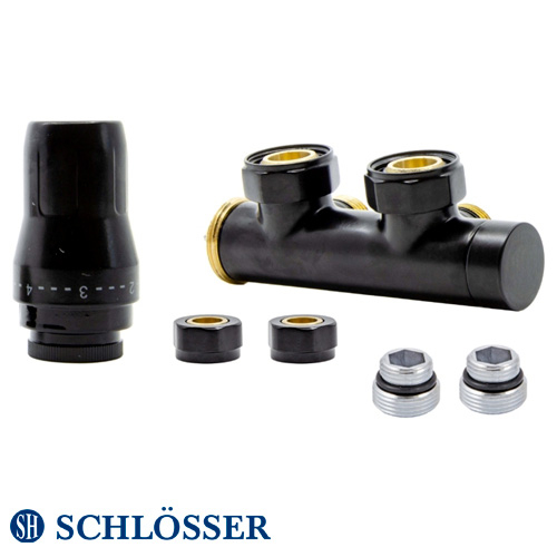 Комплект термостатический Schlösser Duo-Plex 3/4x15мм Cu, угловой левый, +2 шт. нипель, черный матовый (HB02KLC-R90051)