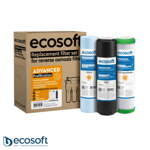 Покращений комплект картриджів Ecosoft 1-2-3 для фільтрів зворотного осмосу із функцією економії води (CHV3ECOAGR)